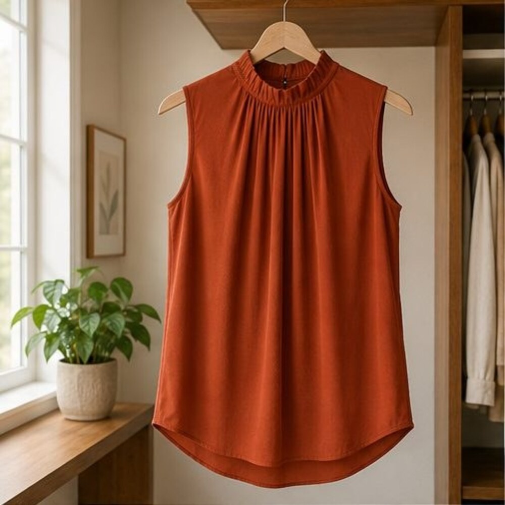 Rust Pleated High Neck Blouse